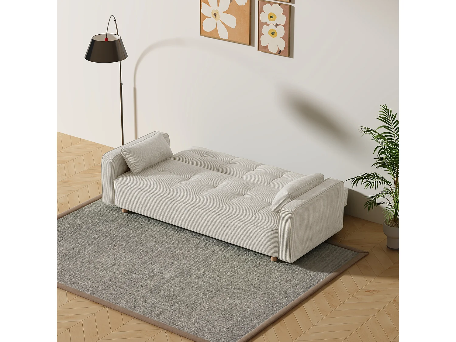 Canapé scandinave convertible 3 places en velours côtelé beige COPENHAGUE