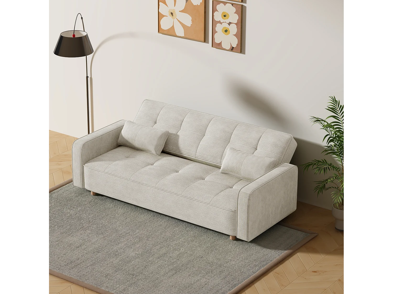 Canapé scandinave convertible 3 places en velours côtelé beige COPENHAGUE