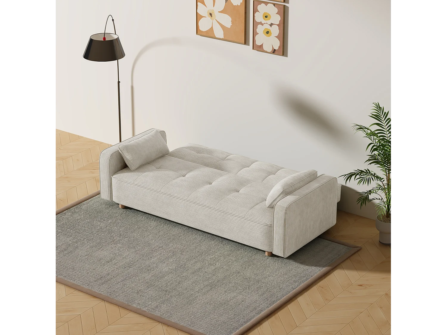 Canapé scandinave convertible 3 places en velours côtelé beige COPENHAGUE