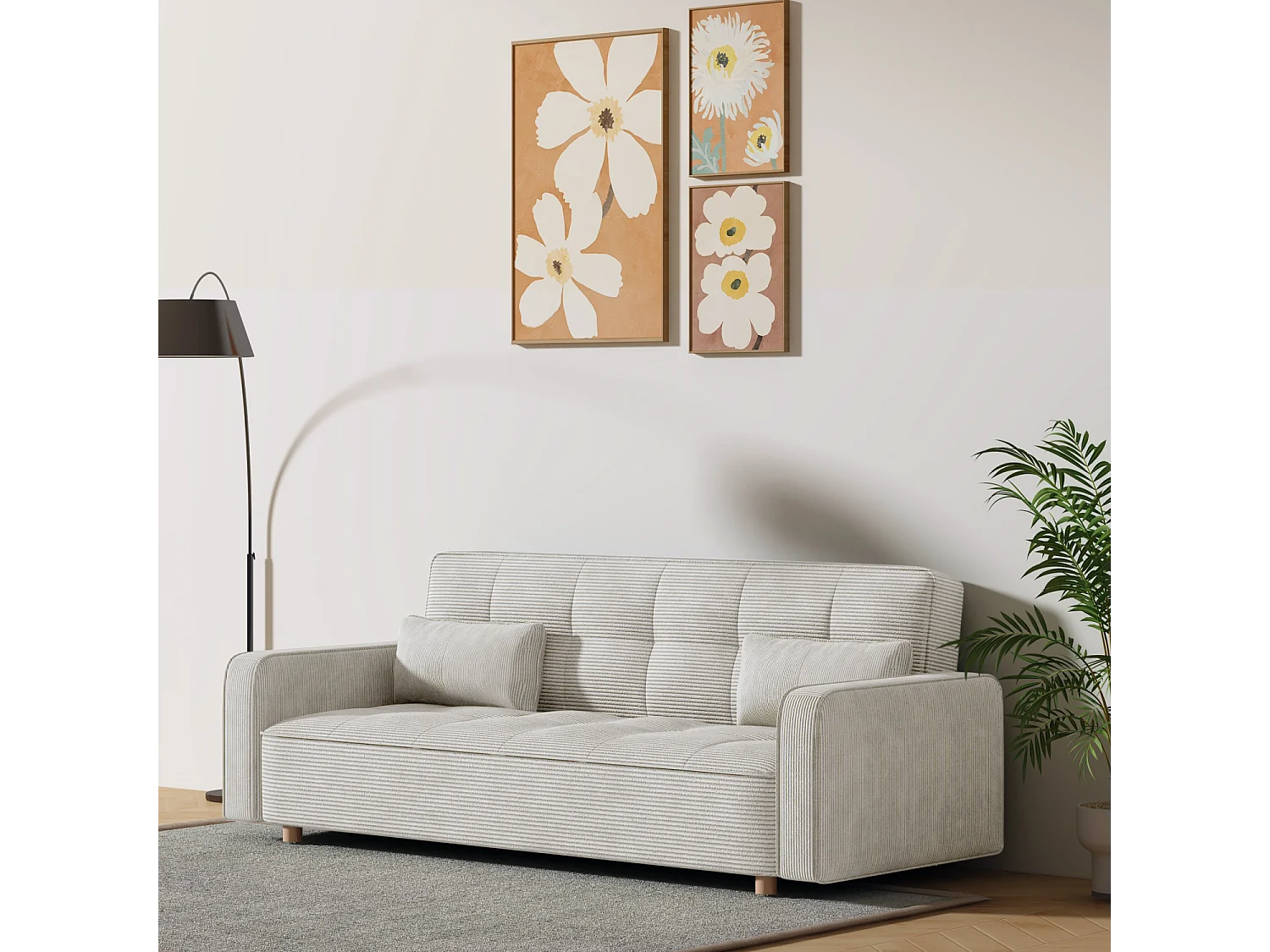 Sofá convertible 3 plazas de terciopelo beige COPENHAGUE