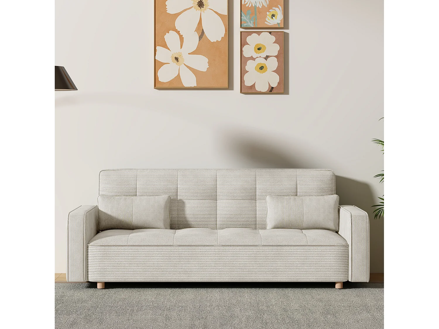 Canapé scandinave convertible 3 places en velours côtelé beige COPENHAGUE