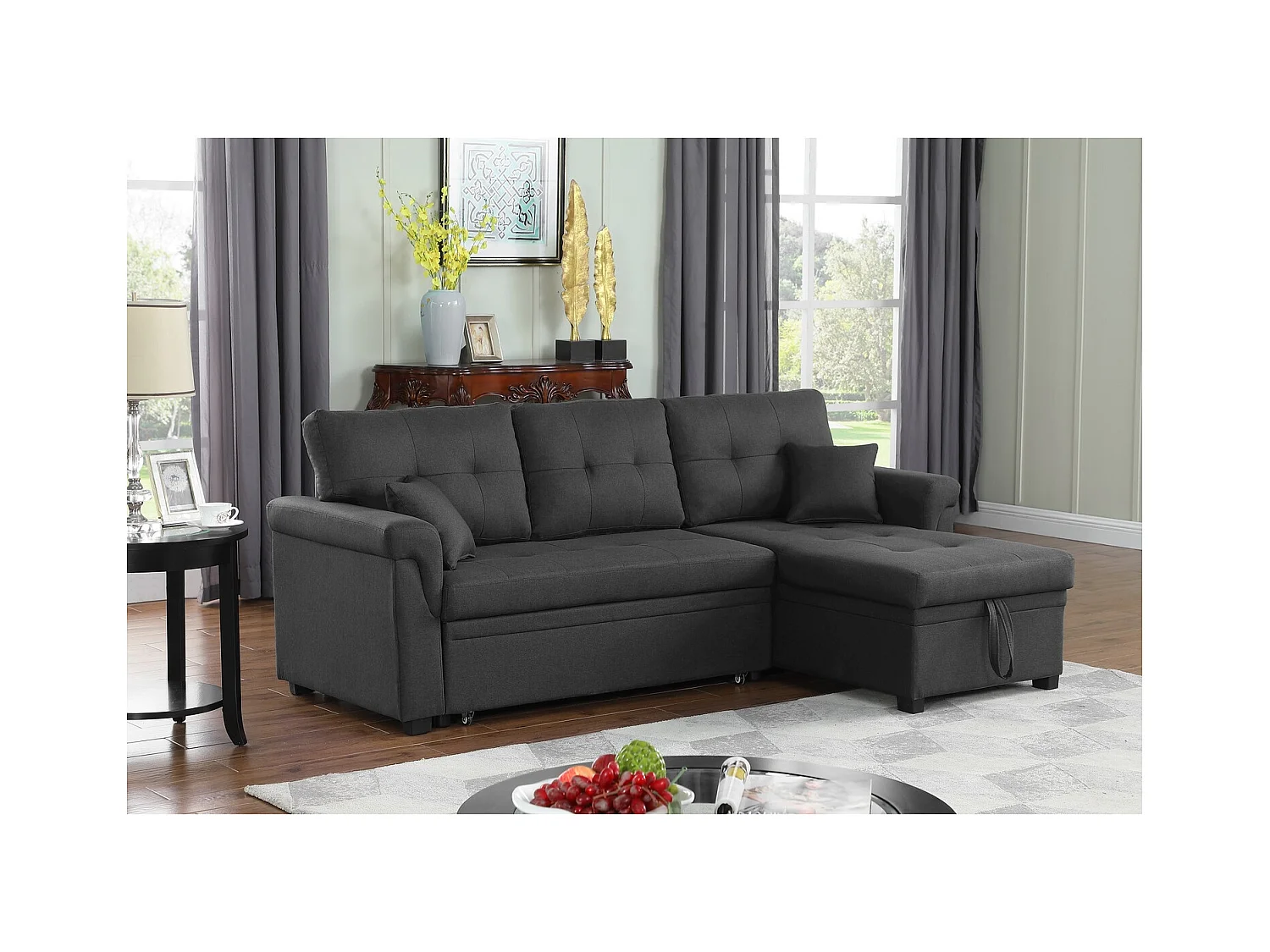 Canapé d'angle droit convertible 4 places en tissu gris foncé TORONTO