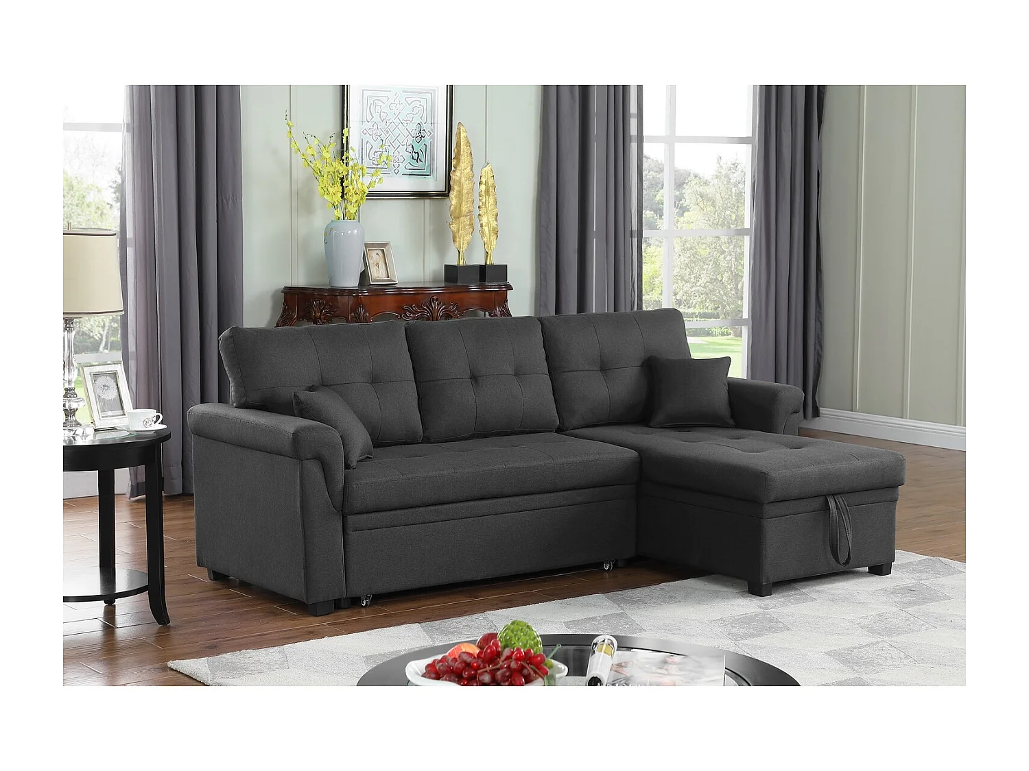 Canapé d'angle droit convertible 4 places en tissu gris foncé TORONTO