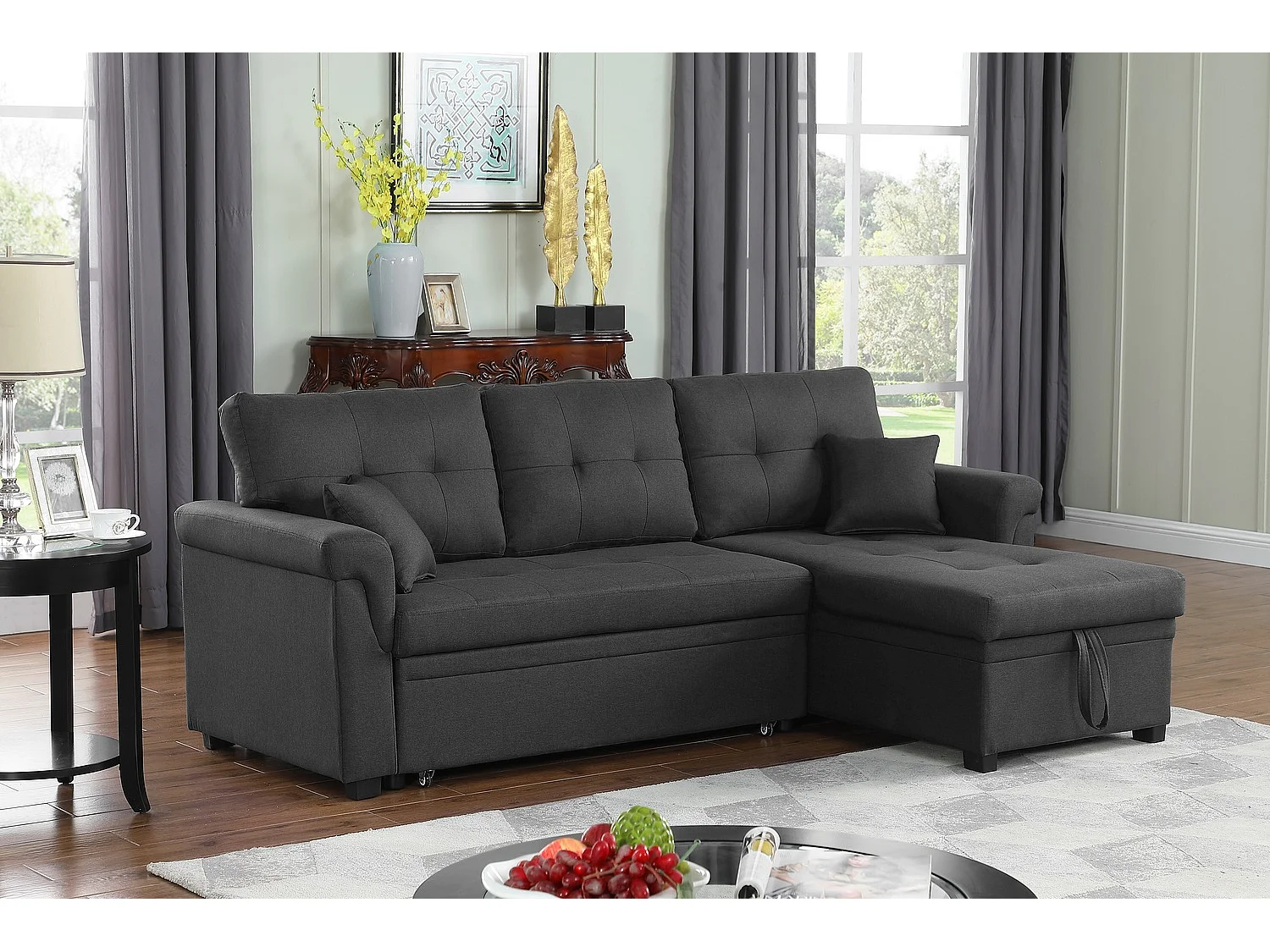 Canapé d'angle droit convertible 4 places en tissu gris foncé TORONTO