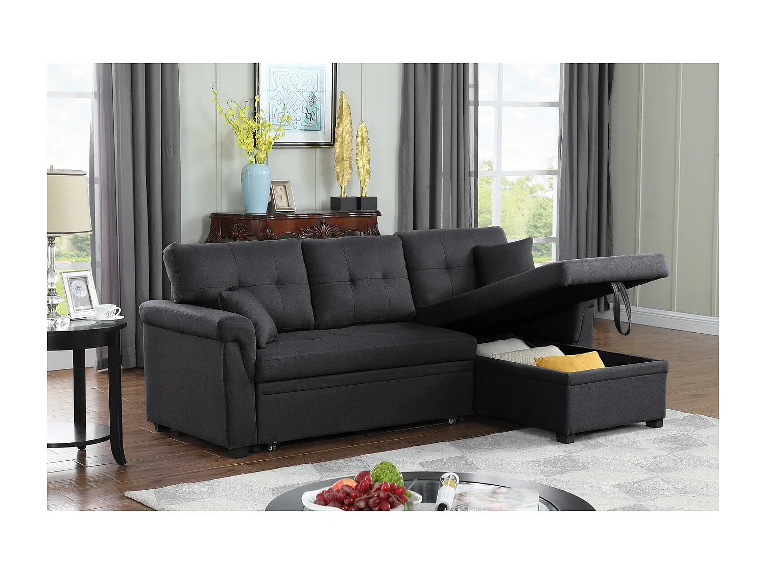 Canapé d'angle droit convertible 4 places en tissu gris foncé TORONTO