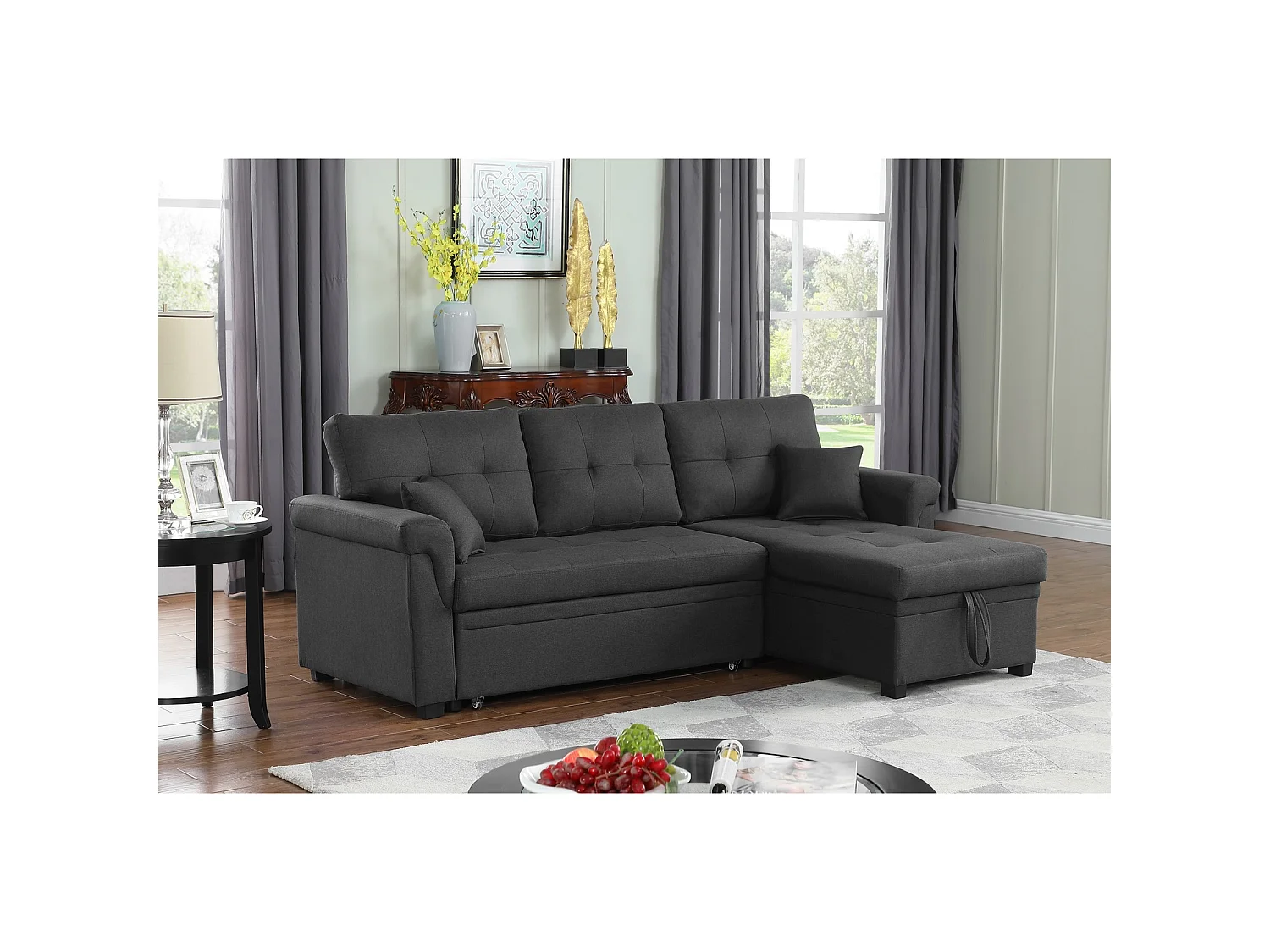 Canapé d'angle droit convertible 4 places en tissu gris foncé TORONTO