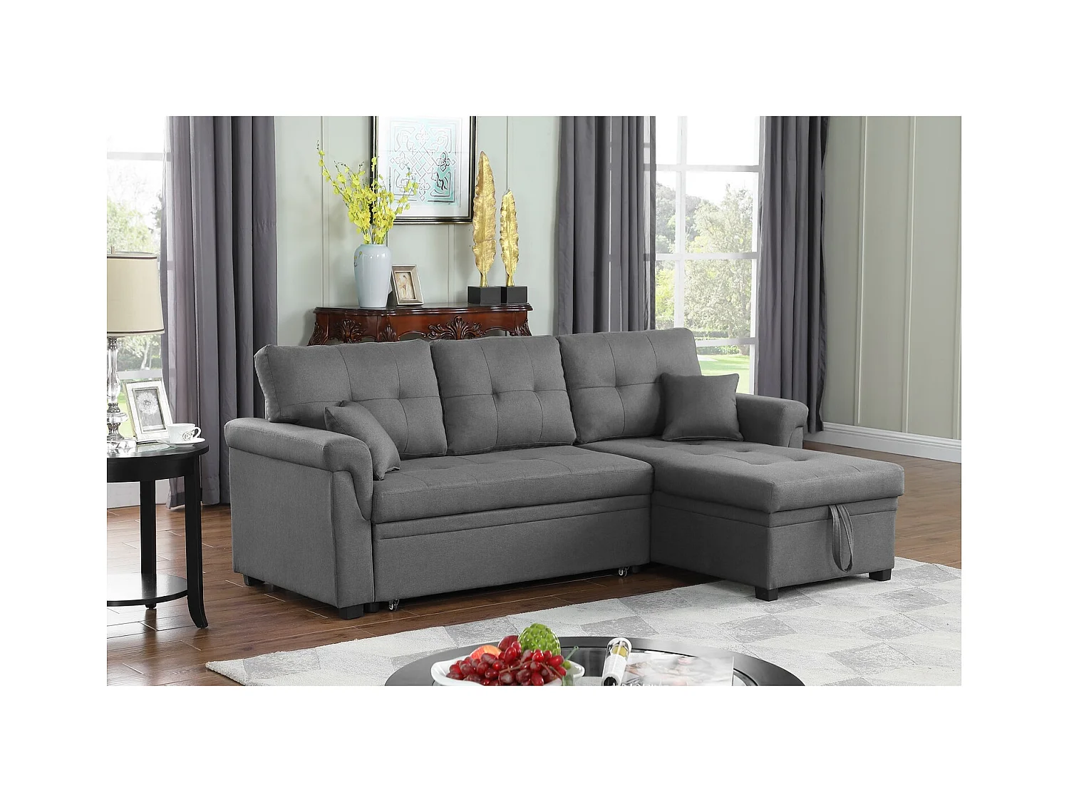 Canapé d'angle droit convertible 4 places en tissu gris clair TORONTO