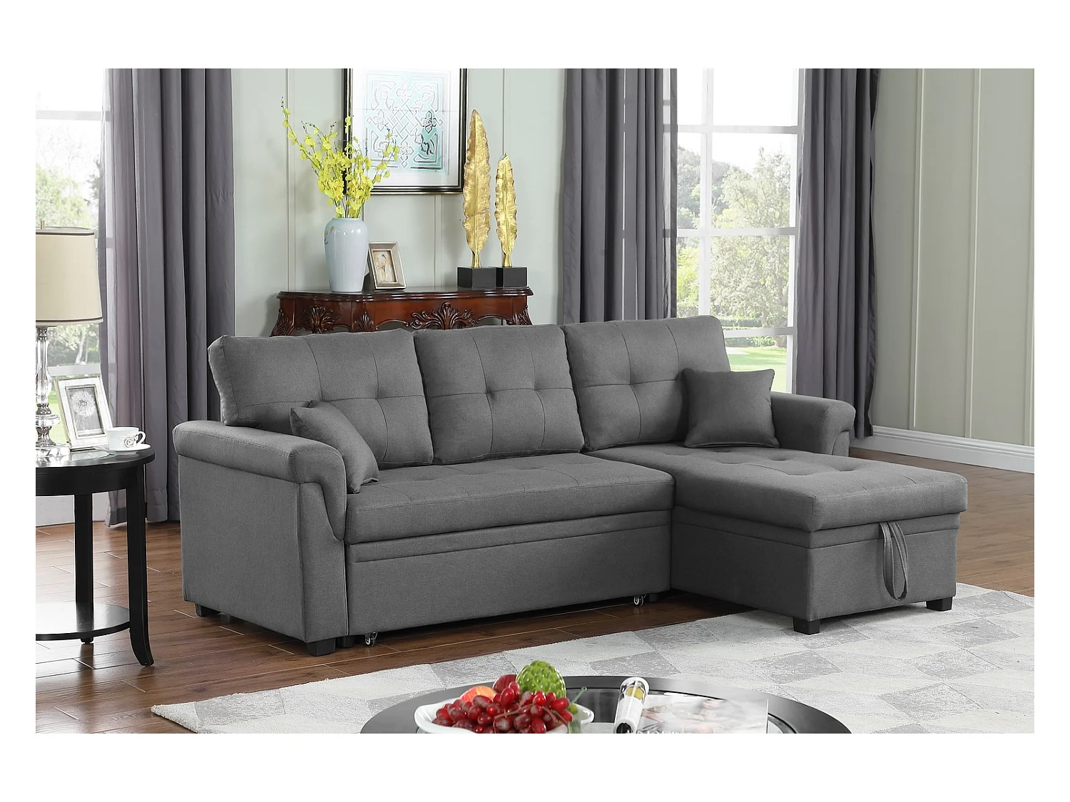 Canapé d'angle droit convertible 4 places en tissu gris clair TORONTO
