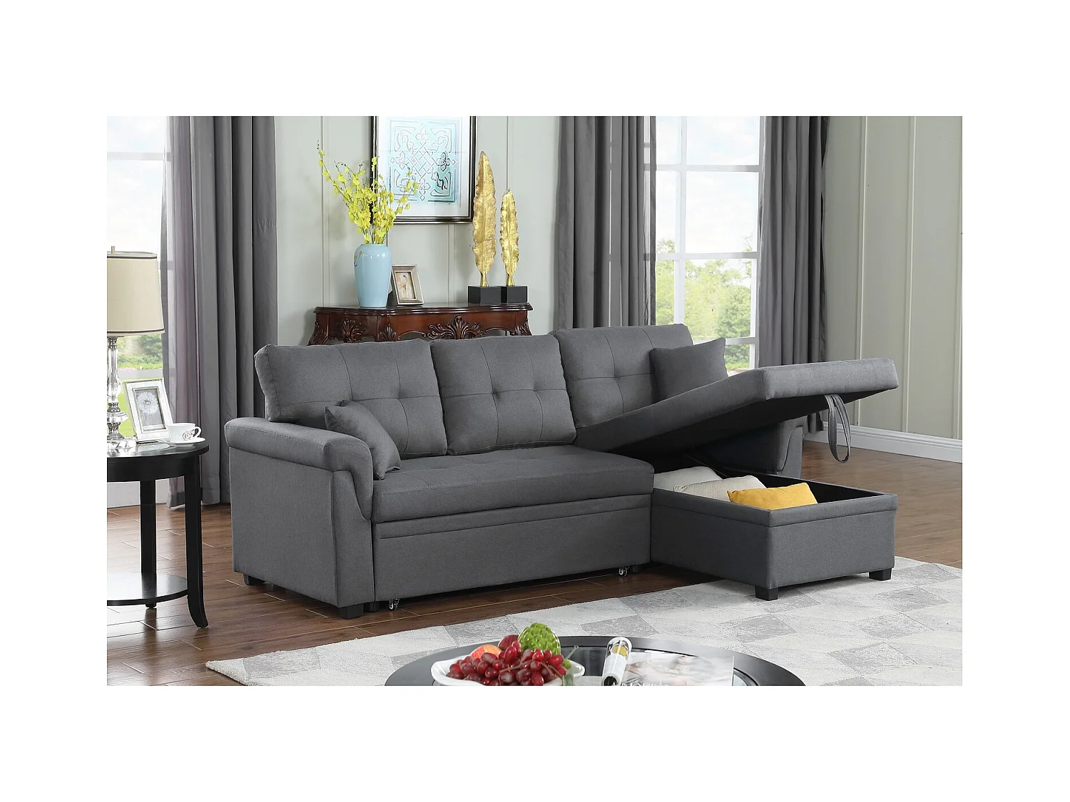 Canapé d'angle droit convertible 4 places en tissu gris clair TORONTO