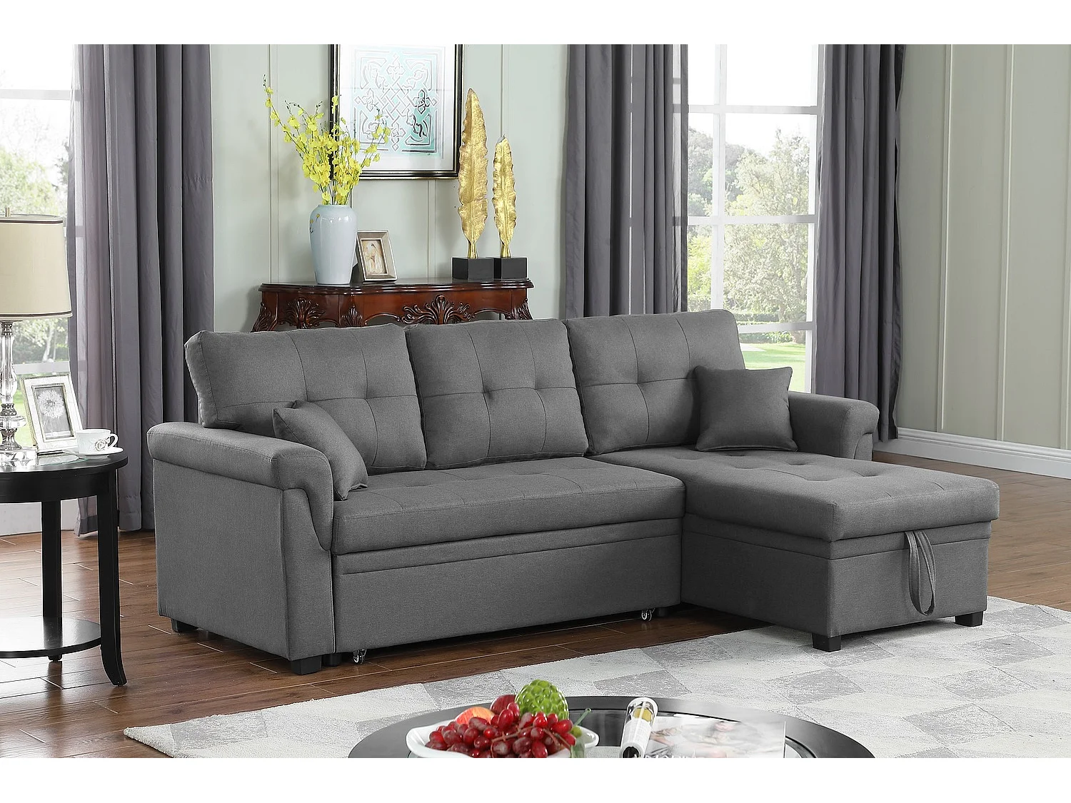 Canapé d'angle droit convertible 4 places en tissu gris clair TORONTO