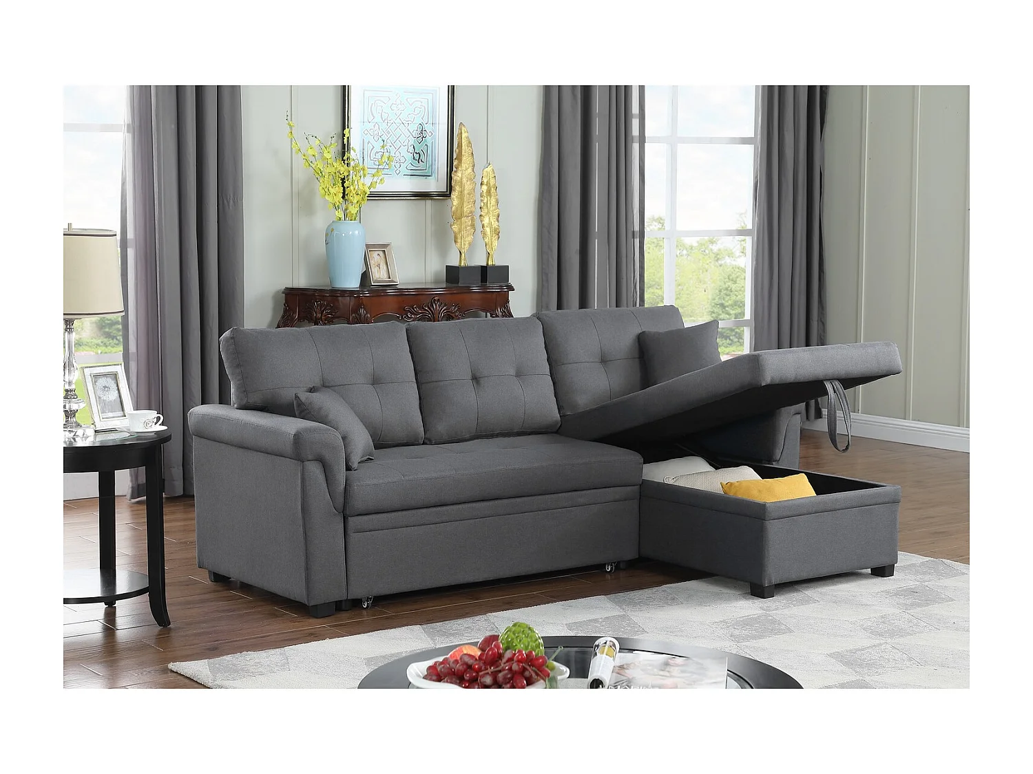 Canapé d'angle droit convertible 4 places en tissu gris clair TORONTO