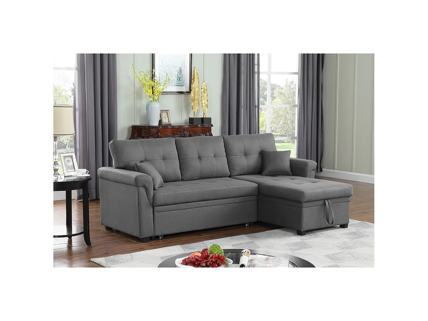 Canapé d'angle droit convertible 4 places en tissu gris clair TORONTO