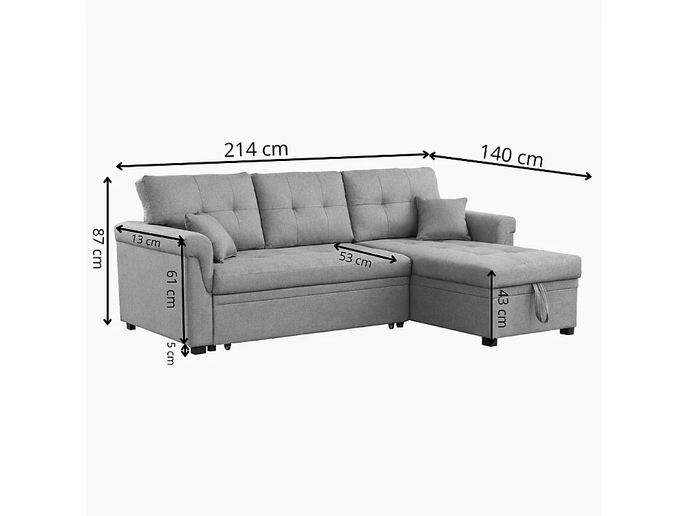Canapé d'angle droit convertible 4 places en tissu gris clair TORONTO