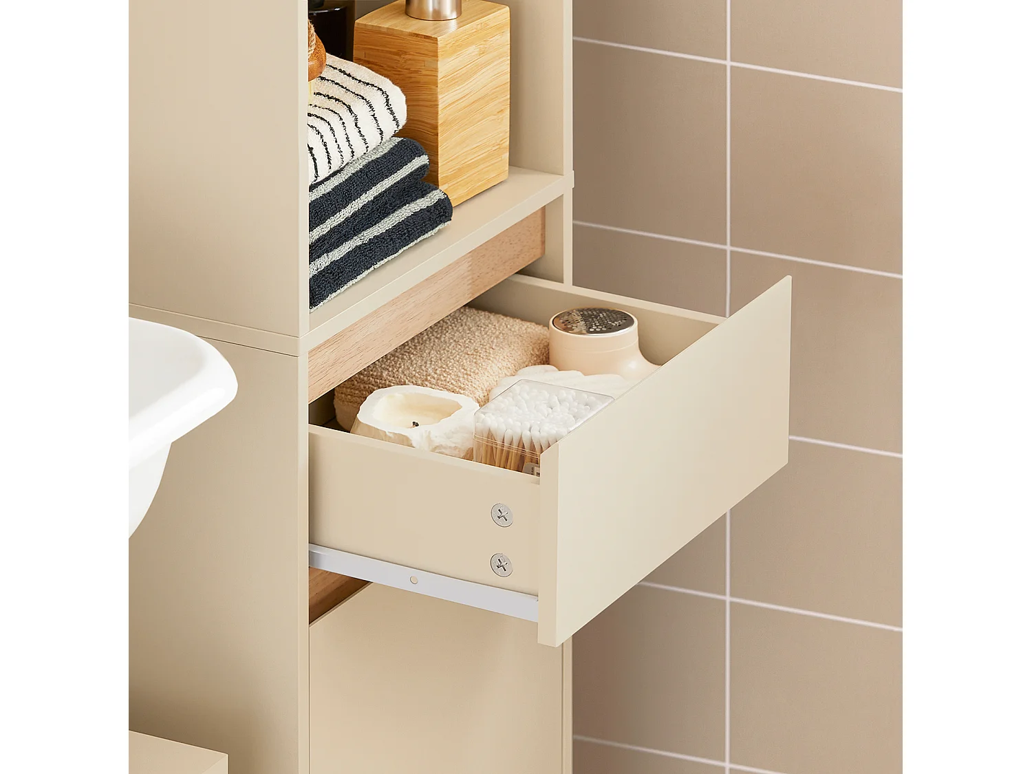 Meuble Colonne De Salle De Bain Avec 1 Compartiment Ouvert, 1 Tiroir Et 2 Portes, BZr80-mi