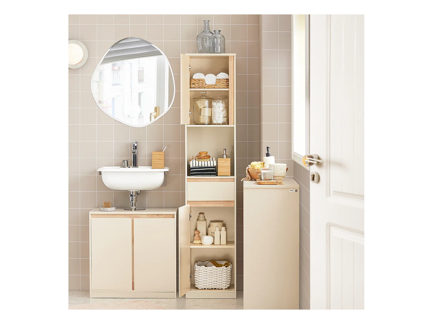 Mobile bagno salvaspazio Mobile alto con 2 ante Mobile a colonna bagno angolare Beige 35x33x170cm BZR80-MI