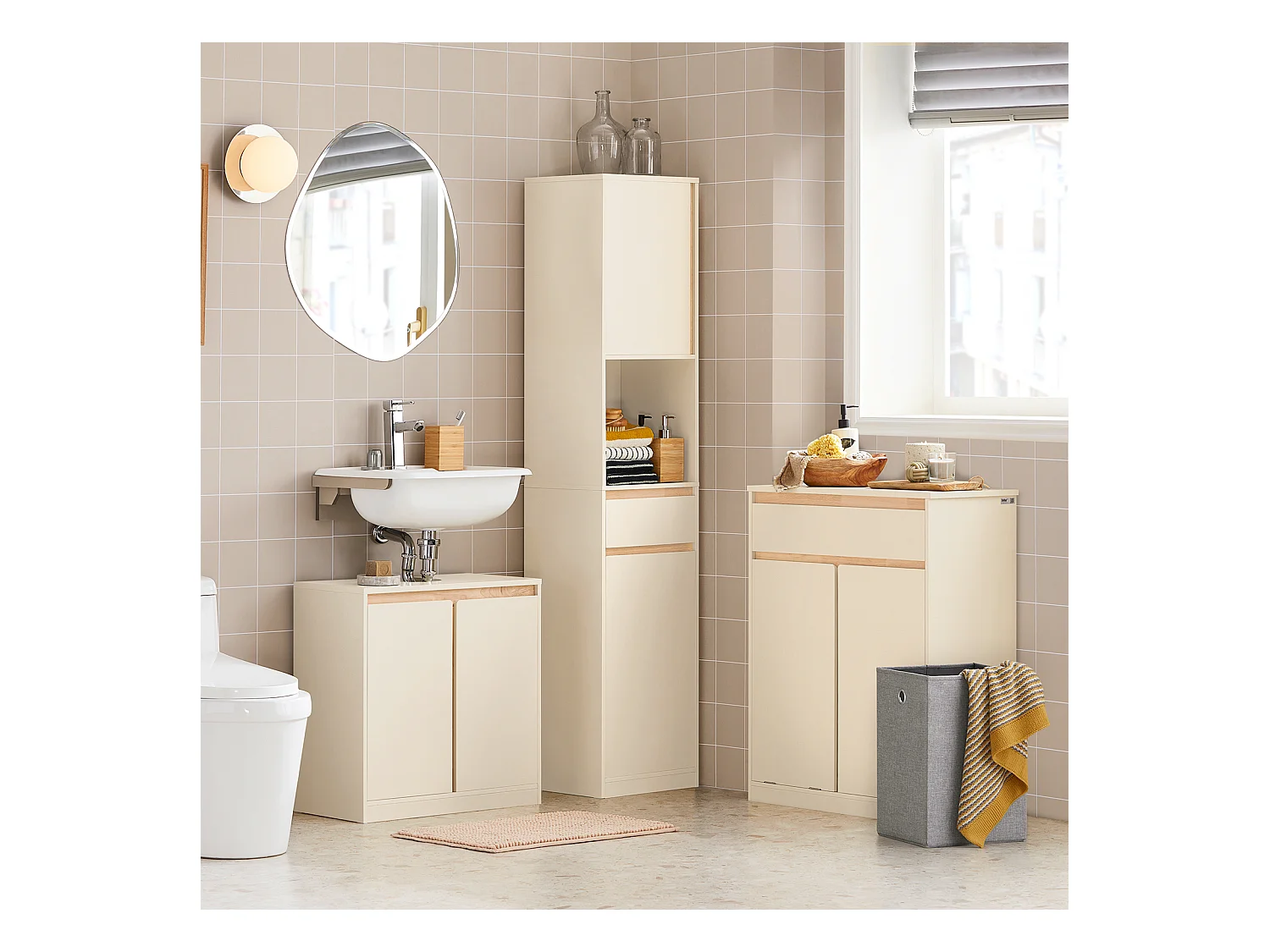 Mobile bagno salvaspazio Mobile alto con 2 ante Mobile a colonna bagno angolare Beige 35x33x170cm BZR80-MI