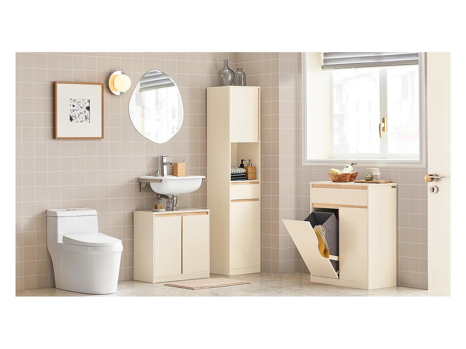 Mobile bagno salvaspazio Mobile alto con 2 ante Mobile a colonna bagno angolare Beige 35x33x170cm BZR80-MI