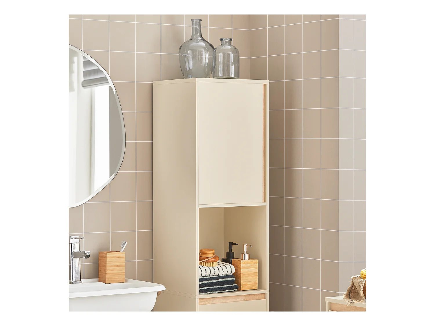 Mobile bagno salvaspazio Mobile alto con 2 ante Mobile a colonna bagno angolare Beige 35x33x170cm BZR80-MI