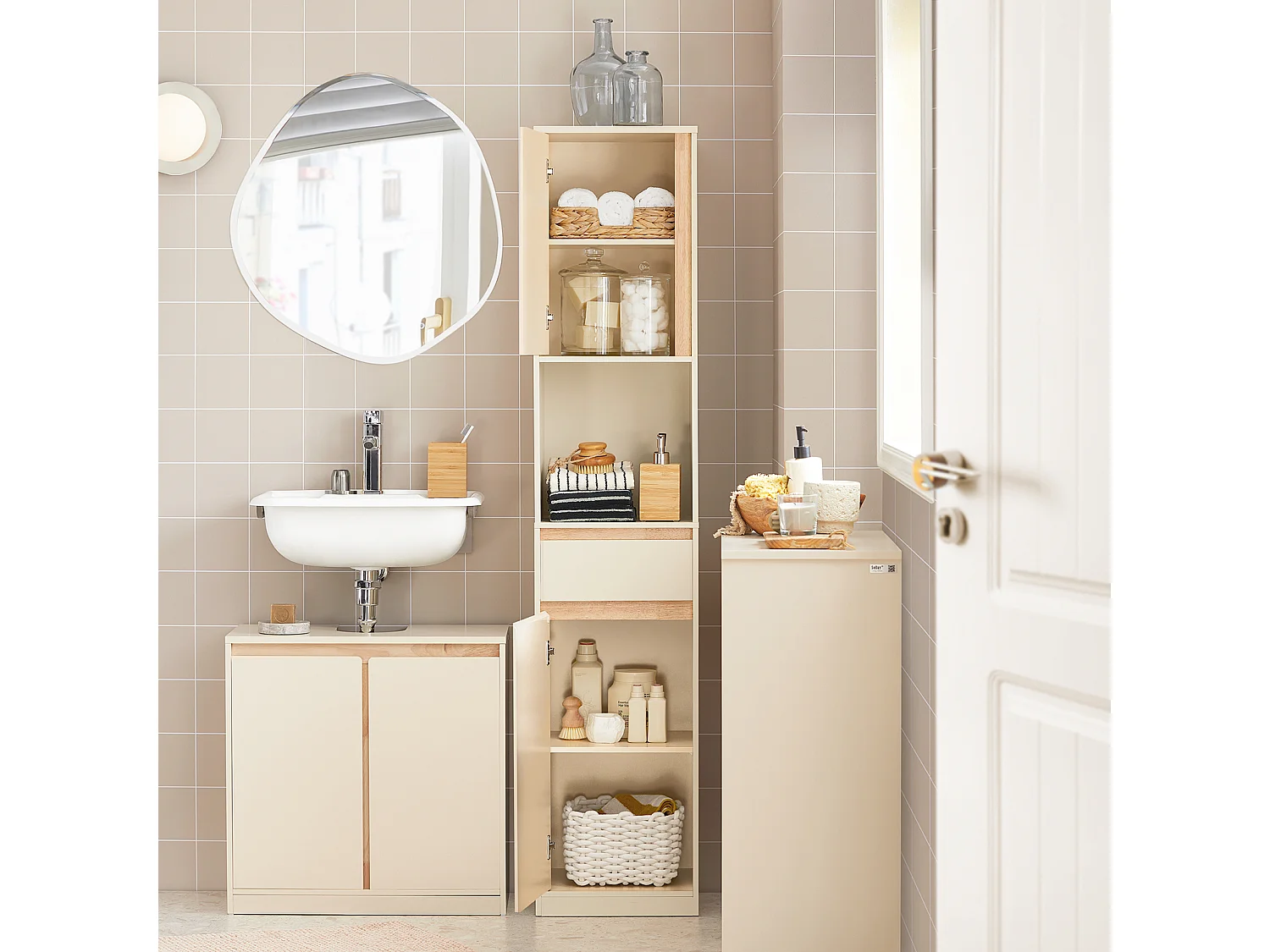 Mobile bagno salvaspazio Mobile alto con 2 ante Mobile a colonna bagno angolare Beige 35x33x170cm BZR80-MI