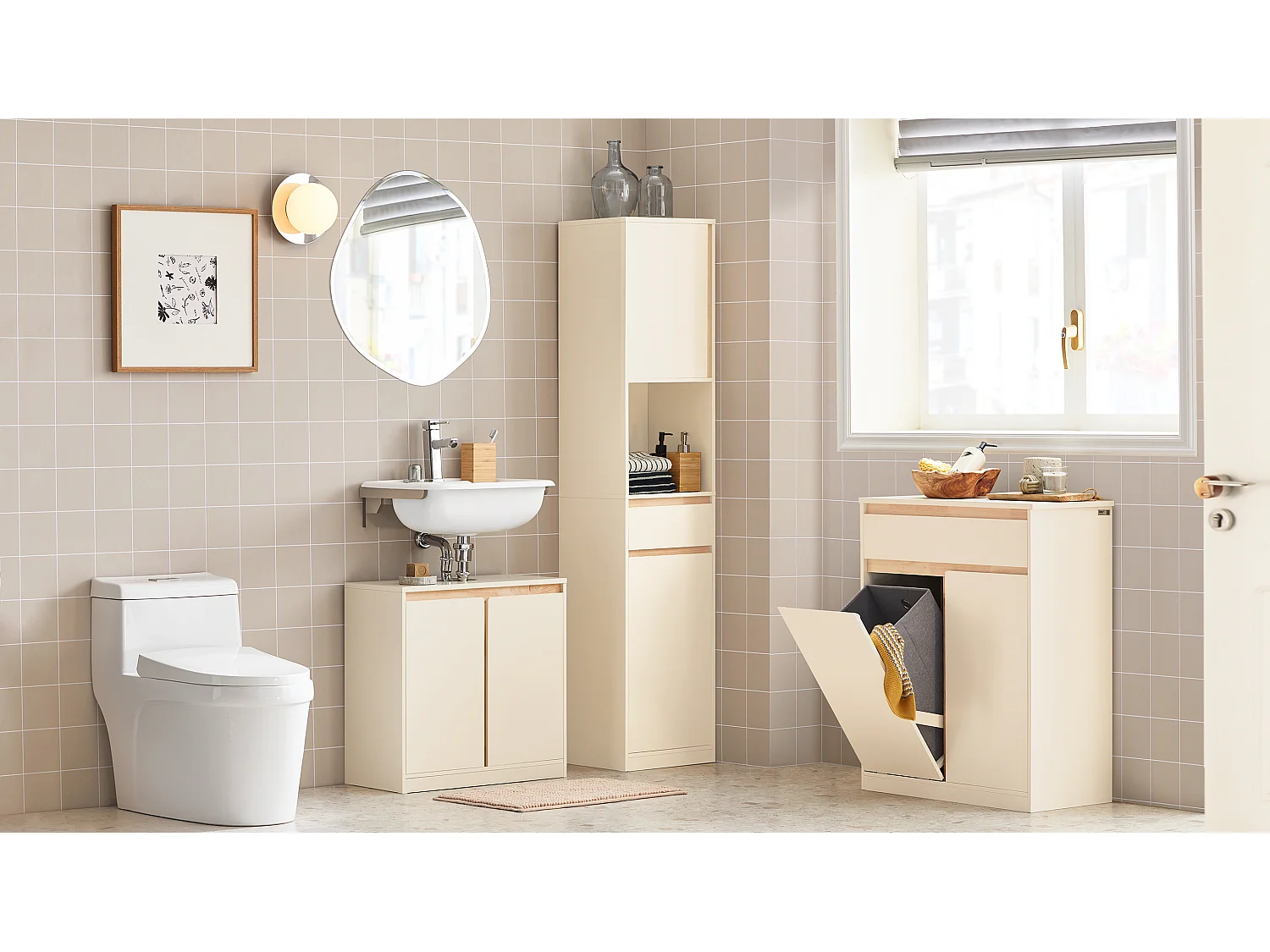 Mobile bagno salvaspazio Mobile alto con 2 ante Mobile a colonna bagno angolare Beige 35x33x170cm BZR80-MI