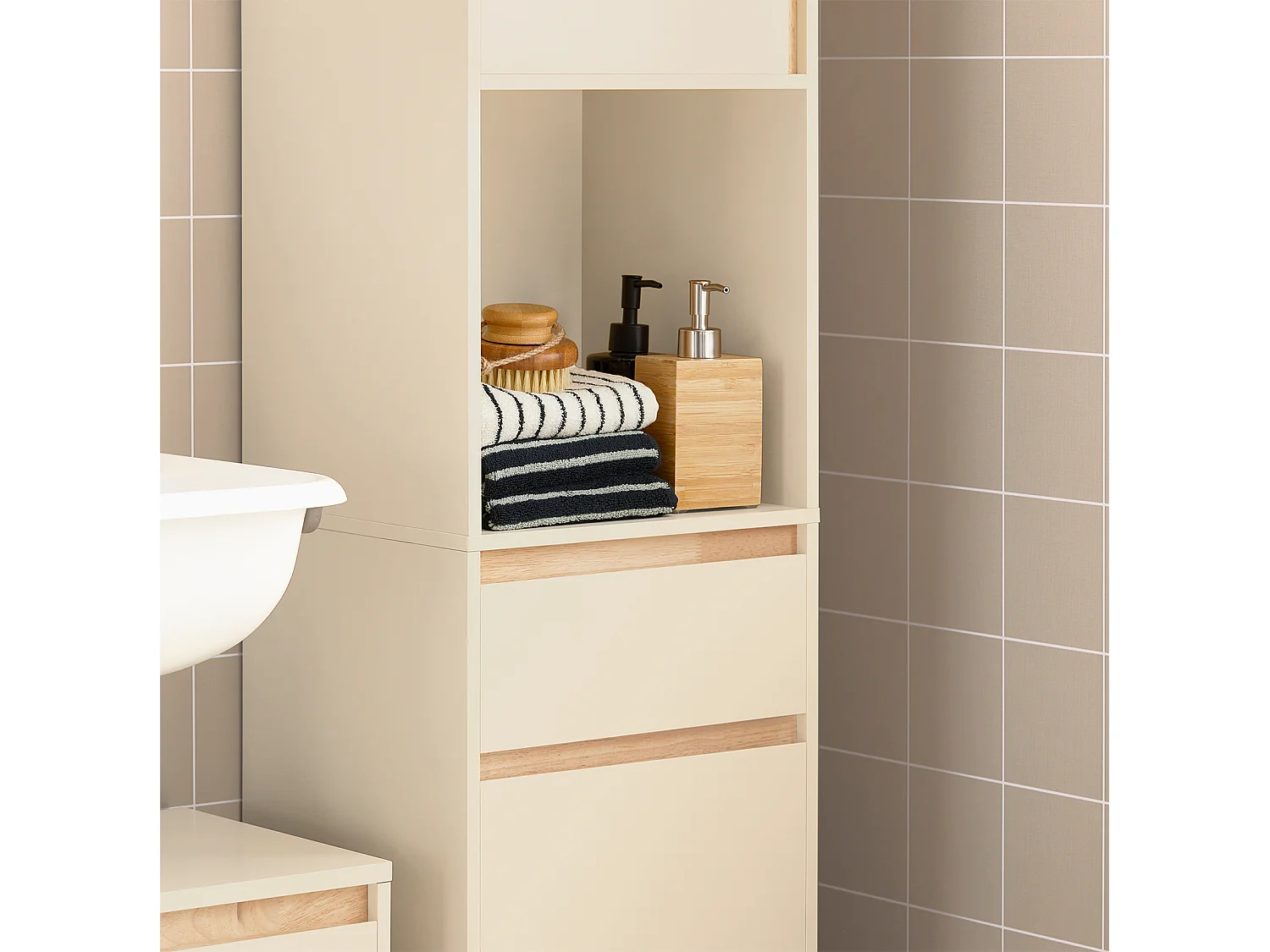 Mobile bagno salvaspazio Mobile alto con 2 ante Mobile a colonna bagno angolare Beige 35x33x170cm BZR80-MI
