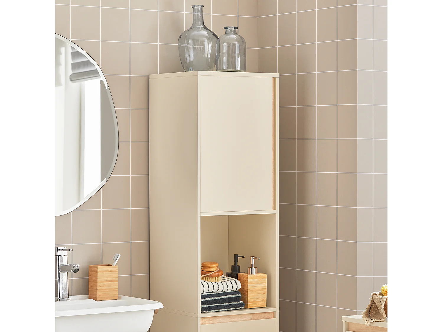 Mobile bagno salvaspazio Mobile alto con 2 ante Mobile a colonna bagno angolare Beige 35x33x170cm BZR80-MI