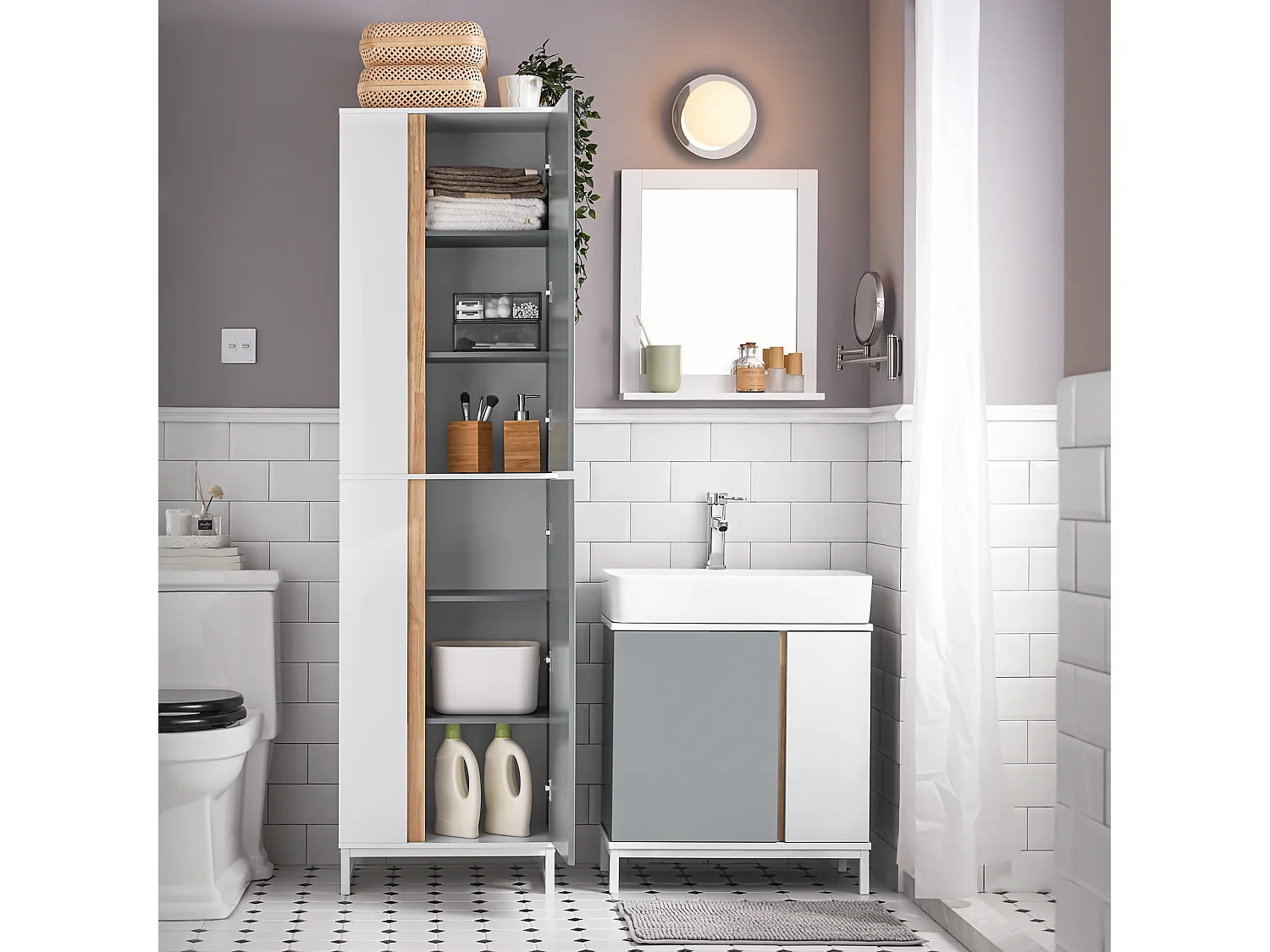 Armario Alto para baño con 6 Compartimientos Abiertos Mueble Columna de Baño con 2 Puertas 50 x 30 x 181 cm Gris BZR76-HG SoBuy ES