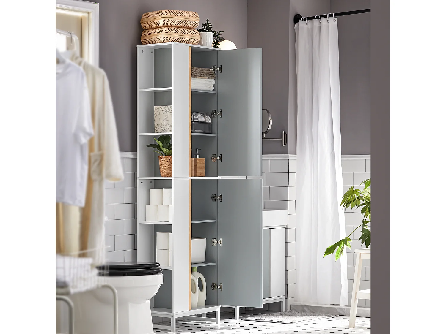 Armario Alto para baño con 6 Compartimientos Abiertos Mueble Columna de Baño con 2 Puertas 50 x 30 x 181 cm Gris BZR76-HG SoBuy ES
