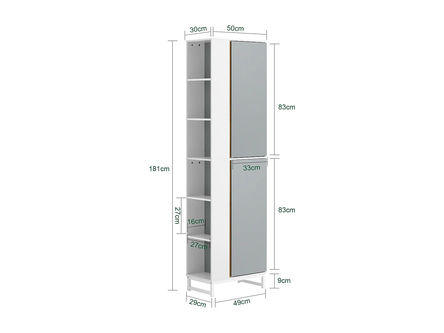 Armario Alto para baño con 6 Compartimientos Abiertos Mueble Columna de Baño con 2 Puertas 50 x 30 x 181 cm Gris BZR76-HG SoBuy ES