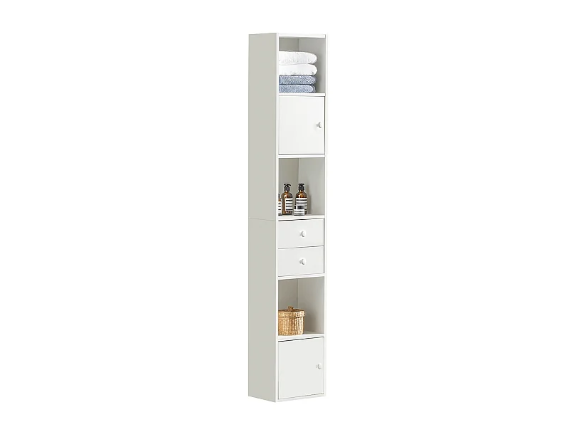 Étagère Sur Pied Étagère De Rangement Meuble Colonne Haute Avec 2portes Et 2 Tiroirs Blanc, Str10-w