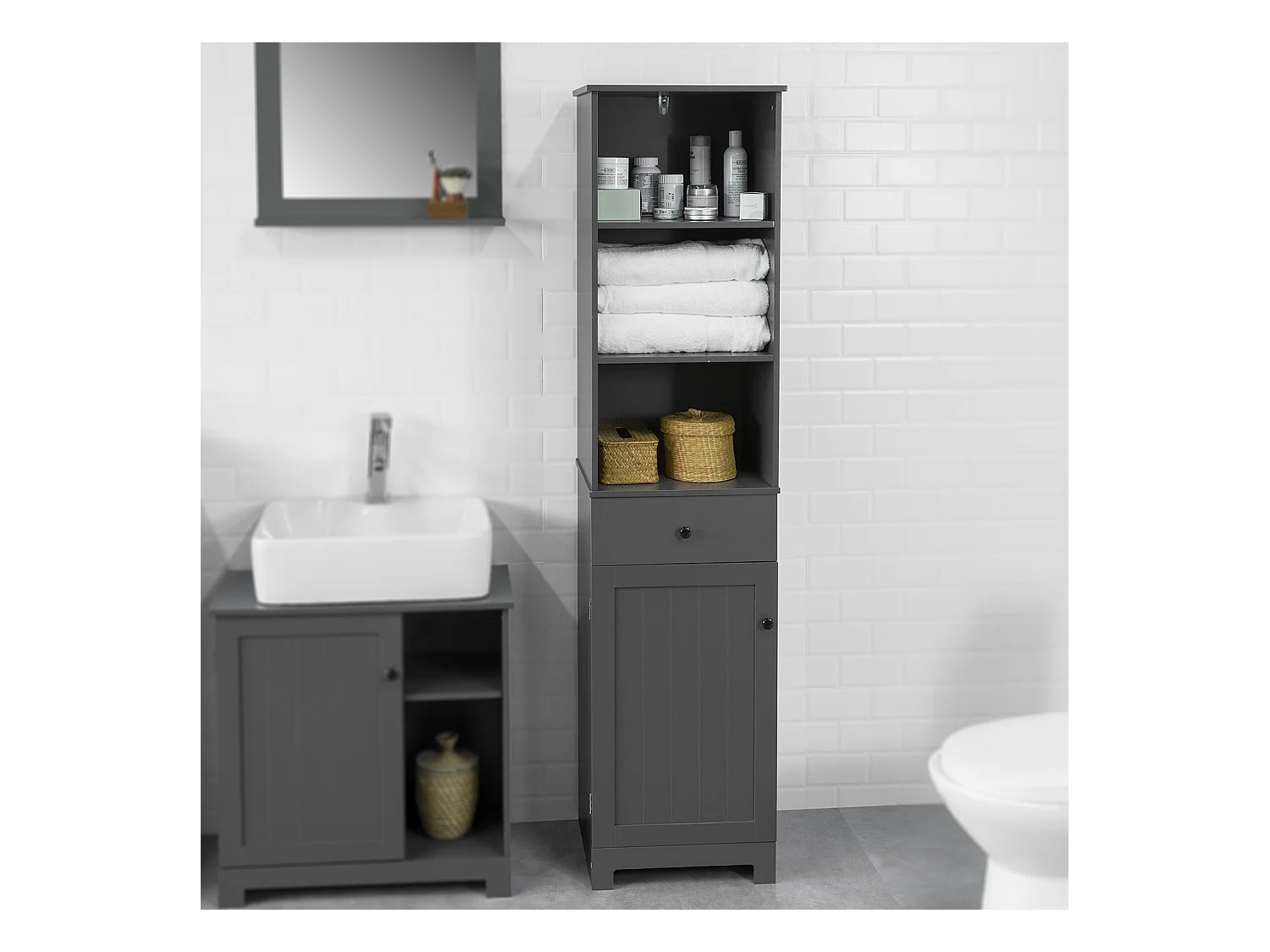 SoBuy BZR17-DG Badkamerkast Hoge kast voor in de badkamer Badkamermeubel Opbergruimte Grijs