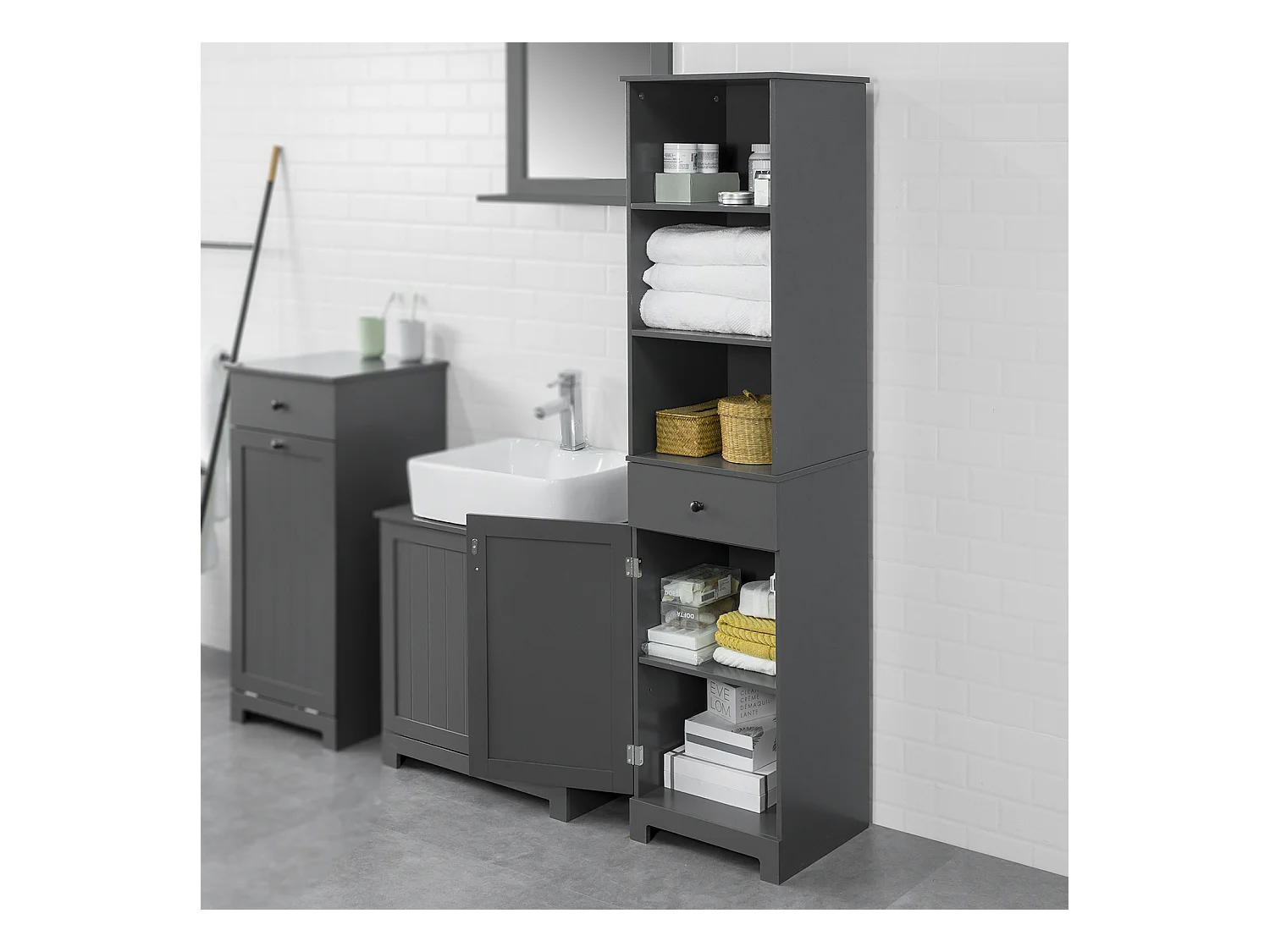 SoBuy BZR17-DG Badkamerkast Hoge kast voor in de badkamer Badkamermeubel Opbergruimte Grijs