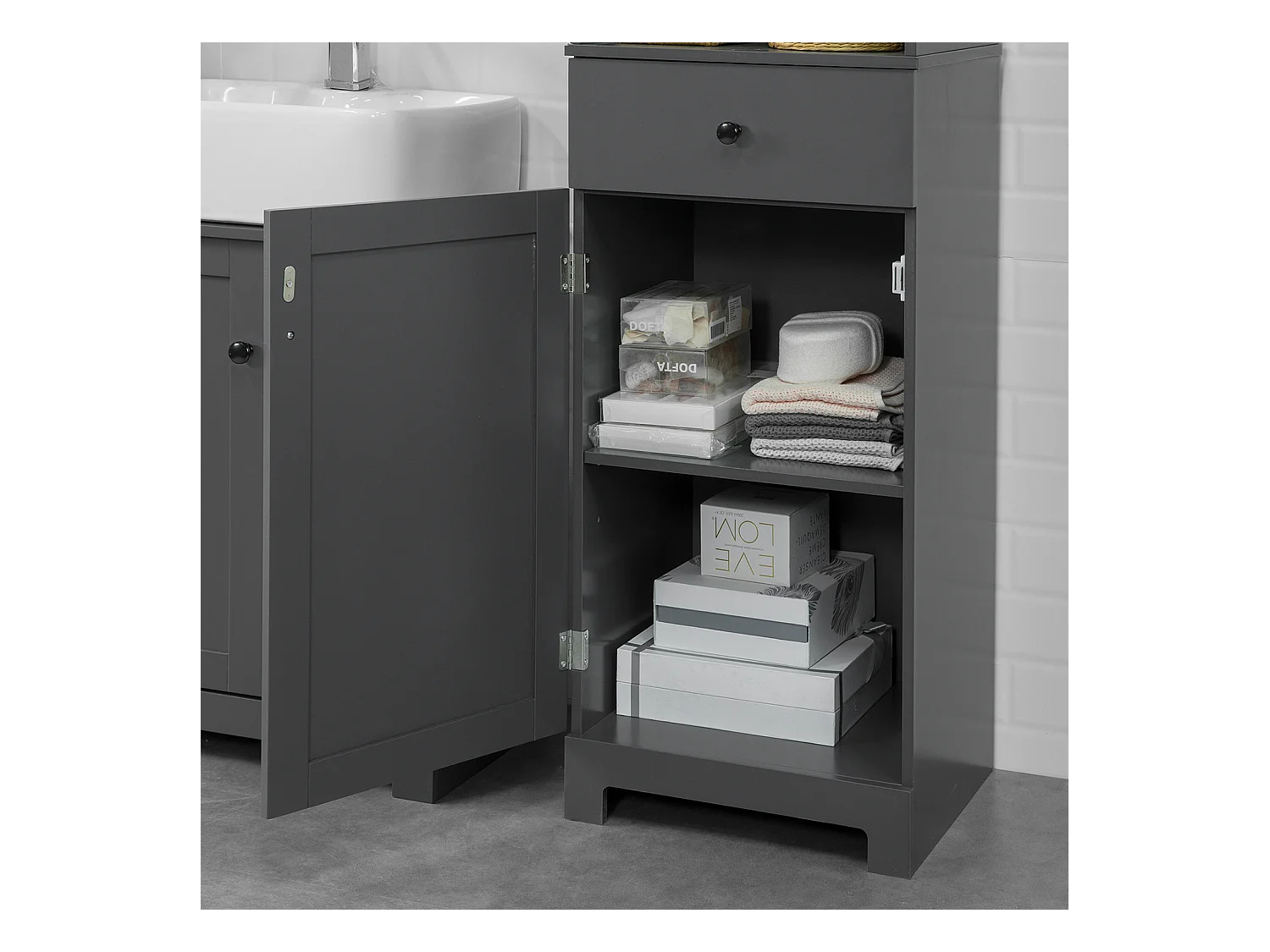 SoBuy BZR17-DG Badkamerkast Hoge kast voor in de badkamer Badkamermeubel Opbergruimte Grijs