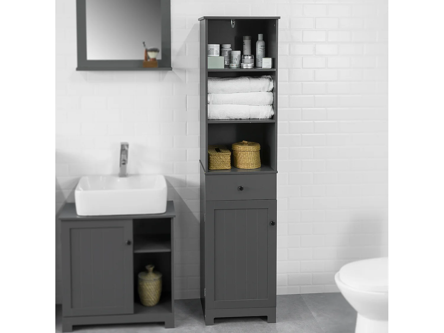 Meuble Colonne De Salle De Bain Armoire Rangement - Gris Foncé, BZr17-dg