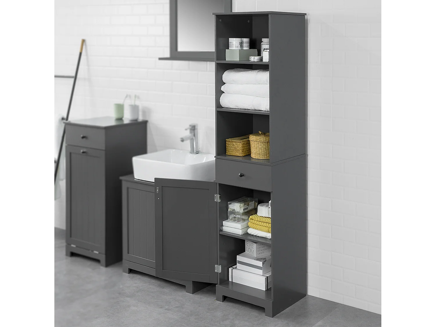 Meuble Colonne De Salle De Bain Armoire Rangement - Gris Foncé, BZr17-dg
