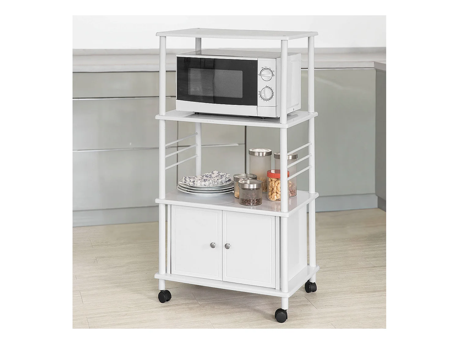 Meuble rangement cuisine roulant en bois, Chariot de cuisine de service micro-ondes -Blanc SoBuy FRG12-W