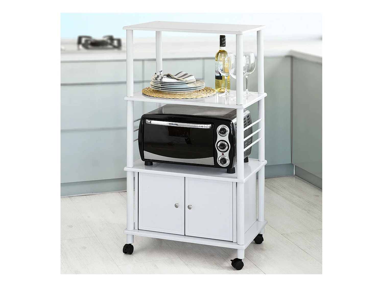 Meuble rangement cuisine roulant en bois, Chariot de cuisine de service micro-ondes -Blanc SoBuy FRG12-W