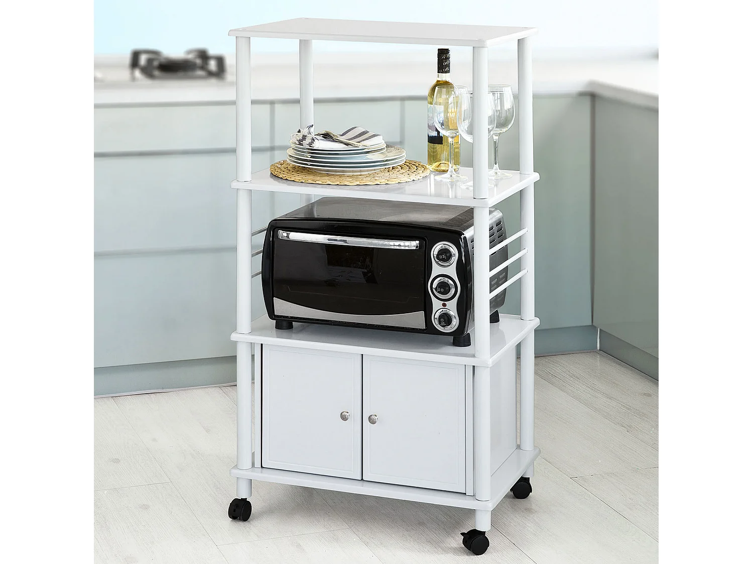 Meuble rangement cuisine roulant en bois, Chariot de cuisine de service micro-ondes -Blanc SoBuy FRG12-W