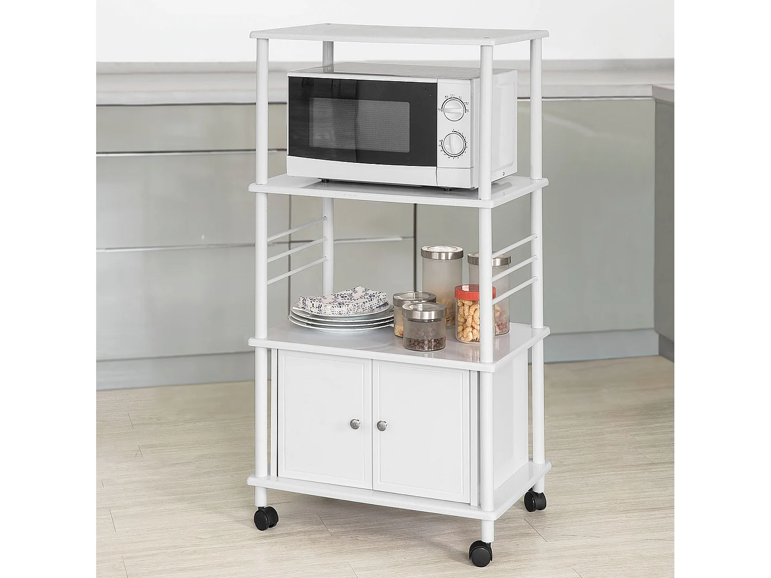 Meuble rangement cuisine roulant en bois, Chariot de cuisine de service micro-ondes -Blanc SoBuy FRG12-W