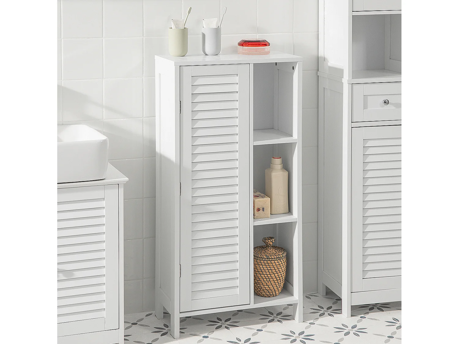 Armario con Pie Mueble Auxiliar para Baño Armario de Baño con 1 Puerta y 3 estantes Blanco 48x24x96 cm BZR39-W SoBuy ES