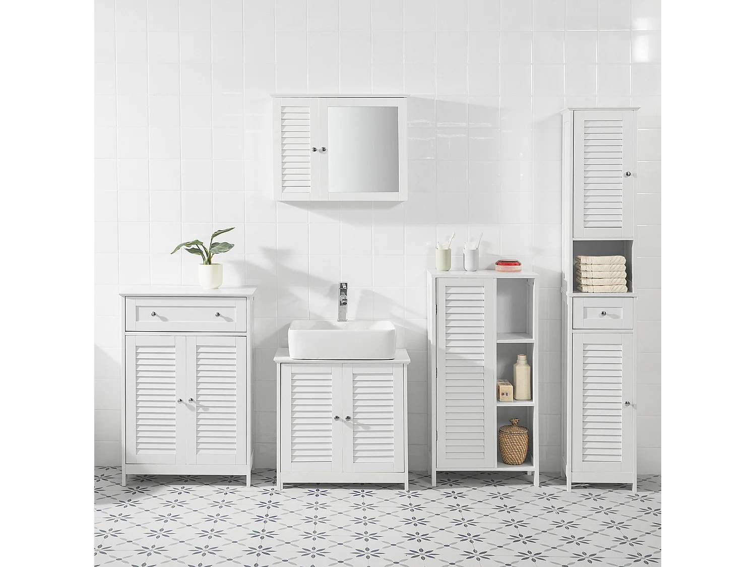 Armario con Pie Mueble Auxiliar para Baño Armario de Baño con 1 Puerta y 3 estantes Blanco 48x24x96 cm BZR39-W SoBuy ES