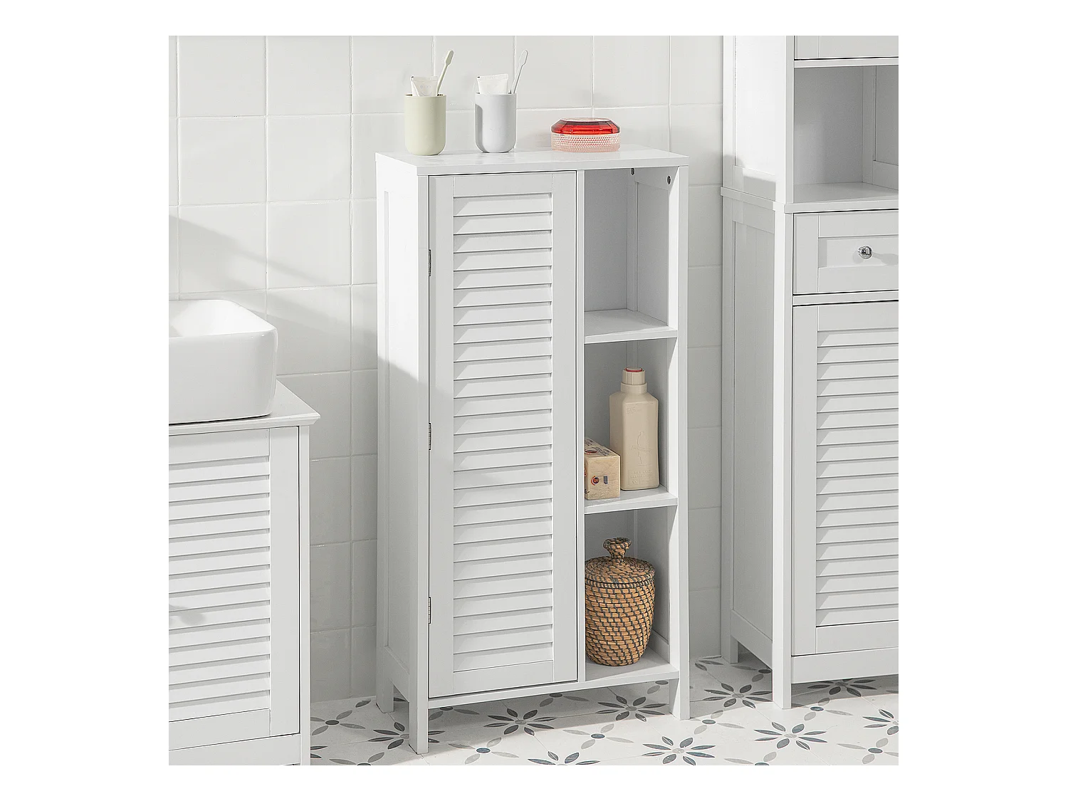 Meuble Bas Meuble Colonne Placard De Rangement Armoire Avec 1 Porte Et 3 Étagères Blanc, BZr39-w