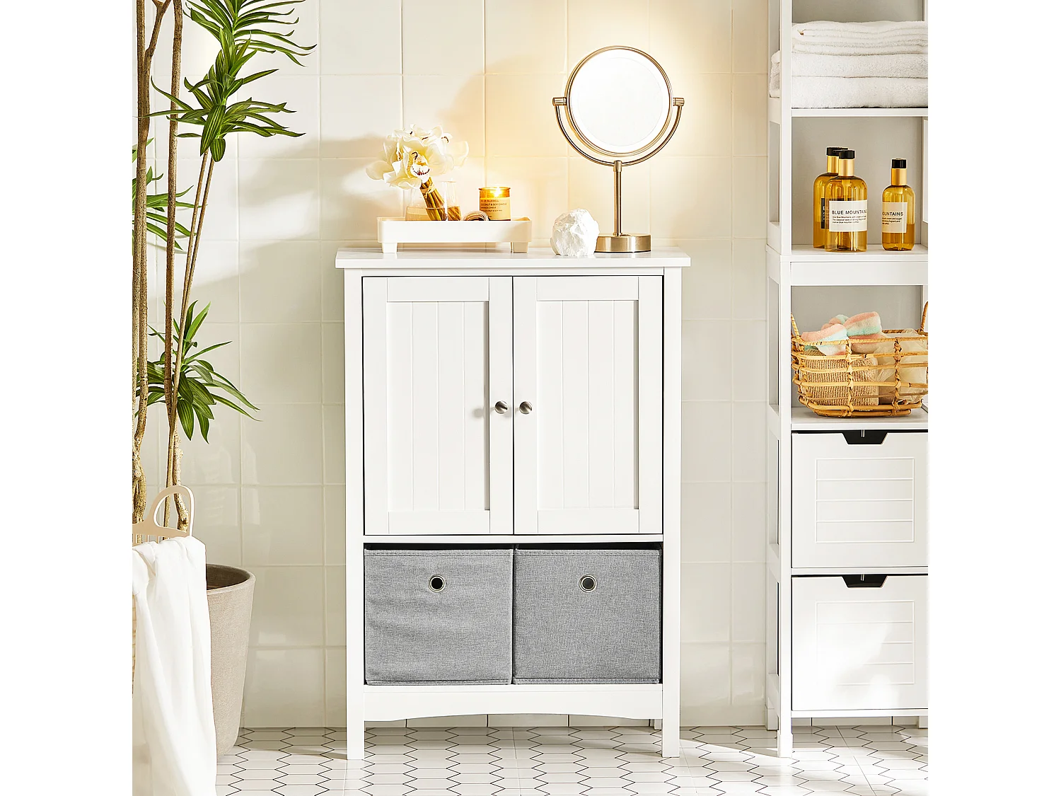 Meuble De Salle De Bains Placard De Rangement Avec 2 Portes Et 2 Paniers Amovibles, BZr64-w