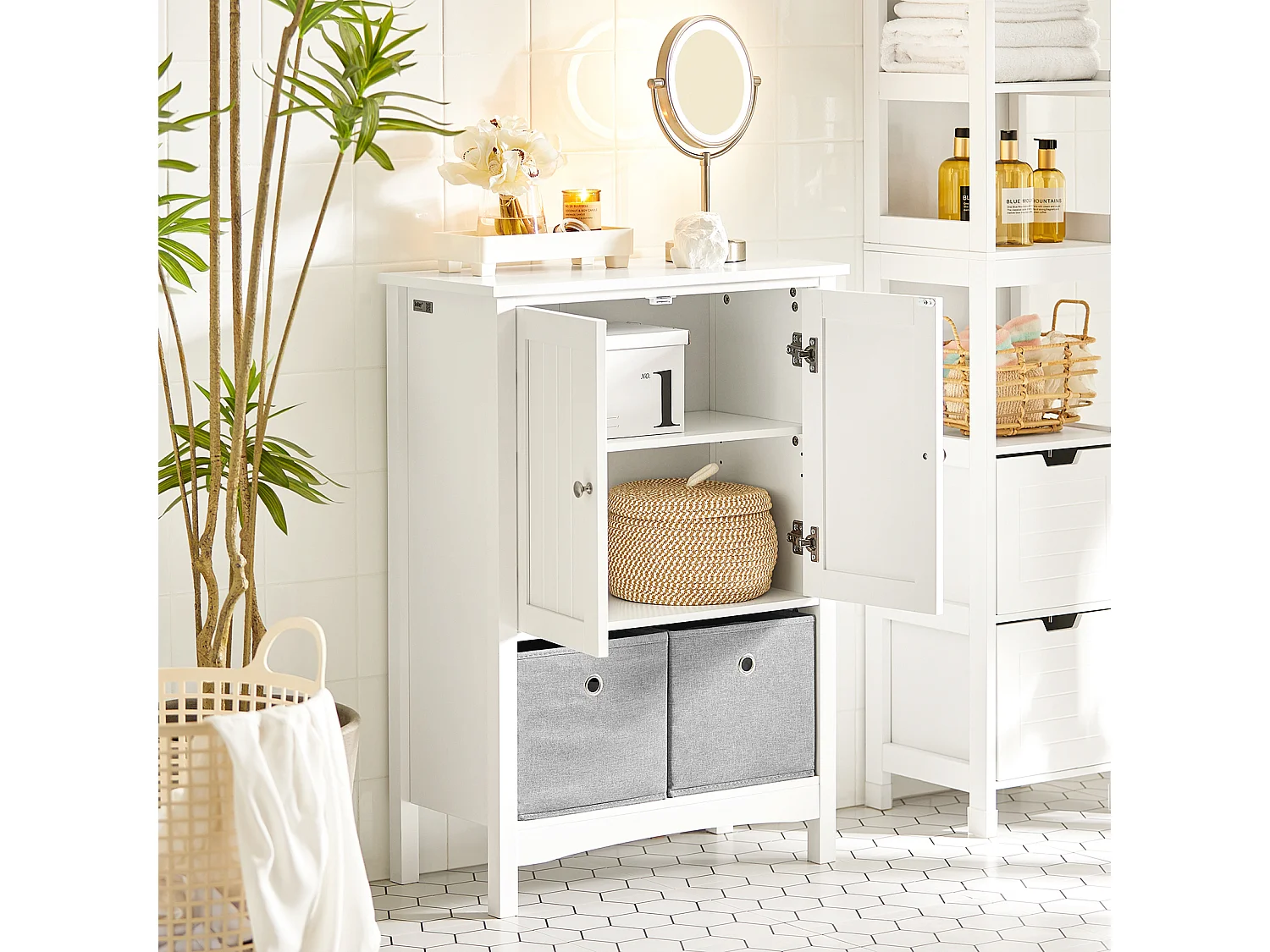 Meuble De Salle De Bains Placard De Rangement Avec 2 Portes Et 2 Paniers Amovibles, BZr64-w