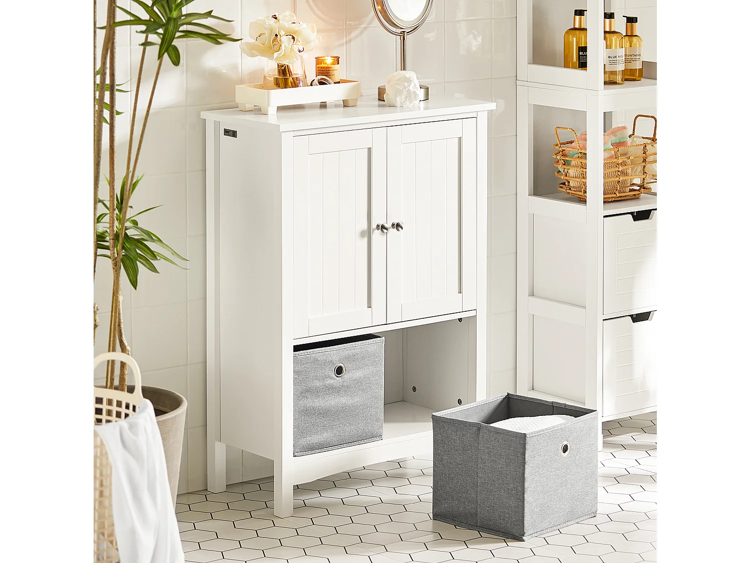 Meuble De Salle De Bains Placard De Rangement Avec 2 Portes Et 2 Paniers Amovibles, BZr64-w