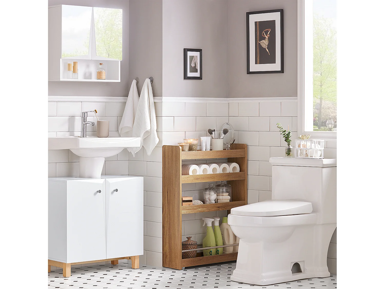 Carrito Multiuso con 4 Ruedas y 4 Bandejas Carrito Estrecho para Cocina y Baño Marrón 60 x 18,5 x 81 cm NSR01-PF SoBuy ES