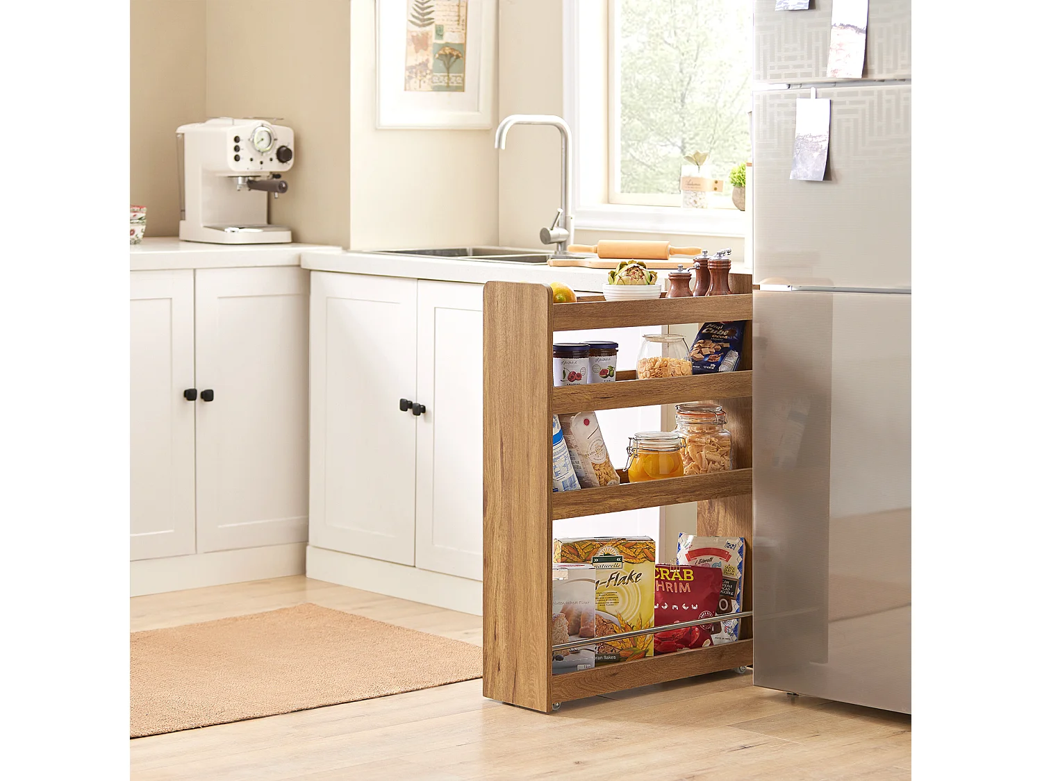 Carrito Multiuso con 4 Ruedas y 4 Bandejas Carrito Estrecho para Cocina y Baño Marrón 60 x 18,5 x 81 cm NSR01-PF SoBuy ES