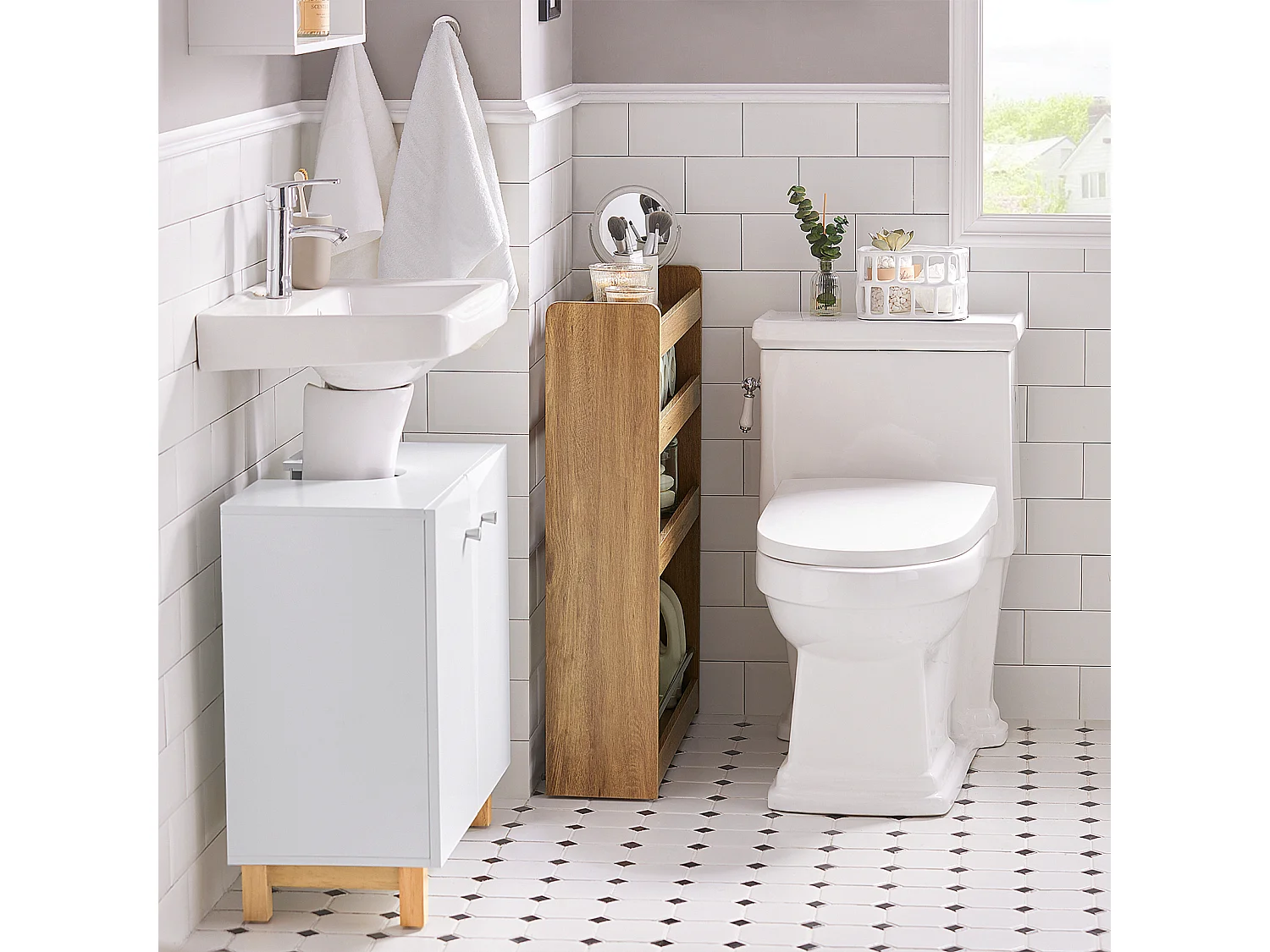 SoBuy Étagère de Niche à roulettes en Bois Meuble de Rangement Cuisine Salle de Bain Chariot Placard Alcôve Chariot de Service - 4 Étages NSR01-PF