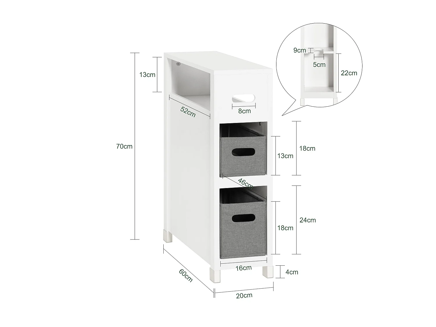 Meuble de Rangement Salle de Bain Étroit, Support Papier Toilette avec 2 Paniers Amovibles, BZR83-W