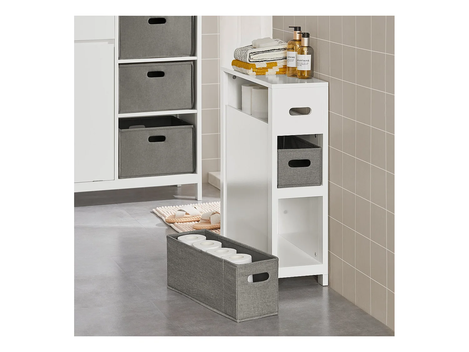 Meuble de Rangement Salle de Bain Étroit, Support Papier Toilette avec 2 Paniers Amovibles, BZR83-W